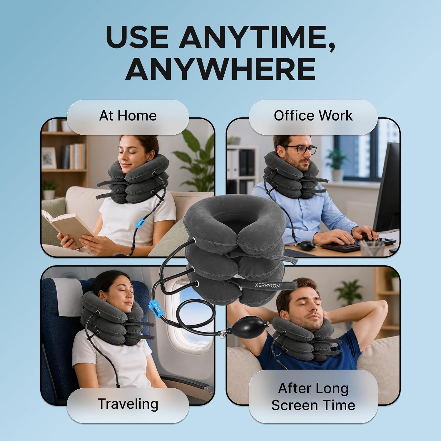 Inflatable Neck Stretcher for Neck Pain Relief, Cervical Traction Device with Hand Pump, 3-Layer Adjustable Neck Decompression Collar for Pinched Nerve, Stiff Neck & Tech Neck Support | Breathable Material