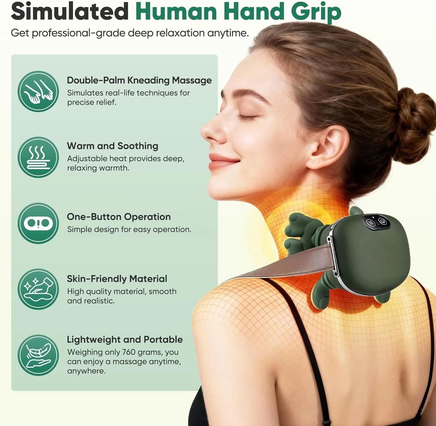 Neck and Shoulder Massager with Heat, Bionic Hand Kneading Deep Tissue Massager for Neck, Shoulders & Back Pain Relief, Wireless Rechargeable Hands-Free Massage Device (Green)